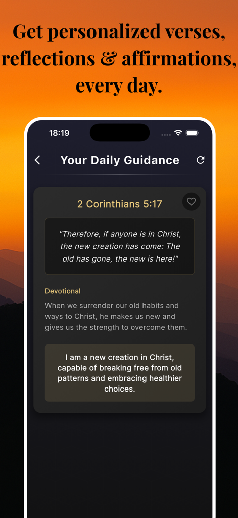 Genesis: The Bible Journal App - Interfaccia dell'app Genesi per il diario biblico che mostra un versetto biblico quotidiano personalizzato e una riflessione devozionale su uno sfondo di tramonto