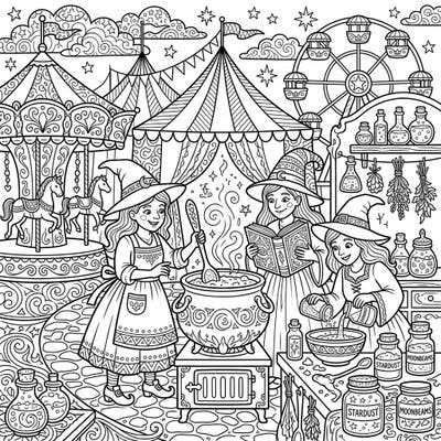 Immerse yourself in a magical world where whimsical kitchen witches conjure spells amidst the vibrant atmosphere of a lively carnival. This detailed coloring page offers a delightful blend of fantasy and festive fun, perfect for unleashing your creativity.