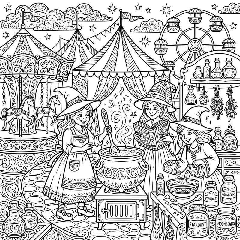 Immerse yourself in a magical world where whimsical kitchen witches conjure spells amidst the vibrant atmosphere of a lively carnival. This detailed coloring page offers a delightful blend of fantasy and festive fun, perfect for unleashing your creativity.