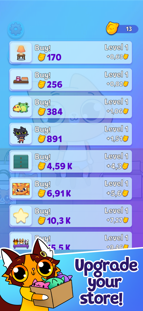 Simba Clicker - Menu de atualização de loja no jogo em Simba Clicker mostrando itens decorativos e assistentes disponíveis para compra com moedas de gato