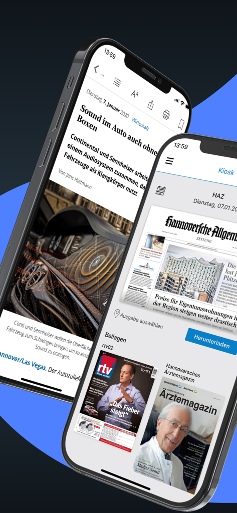HAZ E-Paper News aus Hannover - HAZ E-Paper app interface on smartphones showing local Hannover news articles and kiosk