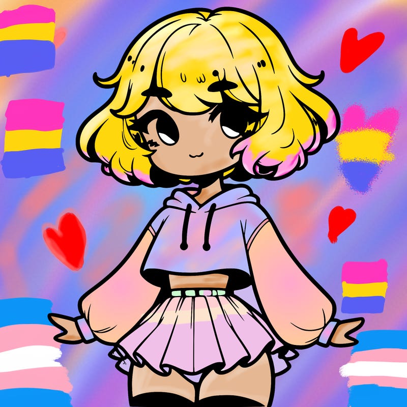 cute femboy with short, fluffy hair that softly frames their face, wearing a cropped hoodie, paired with a flouncy short skirt, and thigh-high stockings
