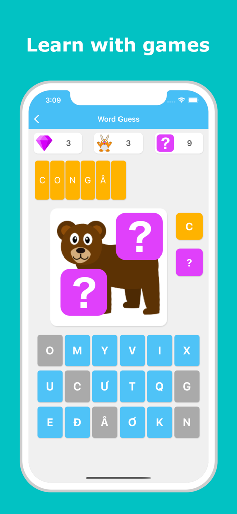 Learn Vietnamese - LuvLingua - Word guess game screen for learning Vietnamese with LuvLingua