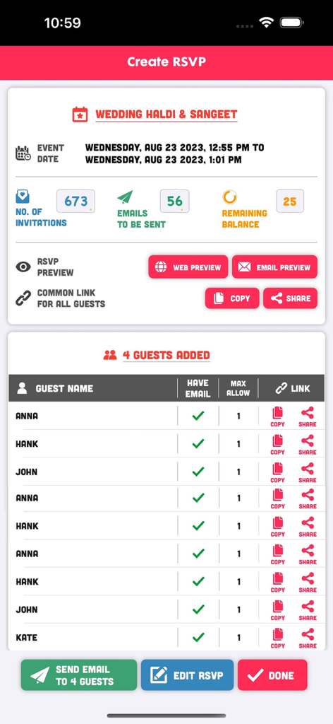 Video Invitation Maker Ecards - 結婚式イベントのゲストリストと招待状の追跡を表示するVinviteアプリのRSVP管理ダッシュボード