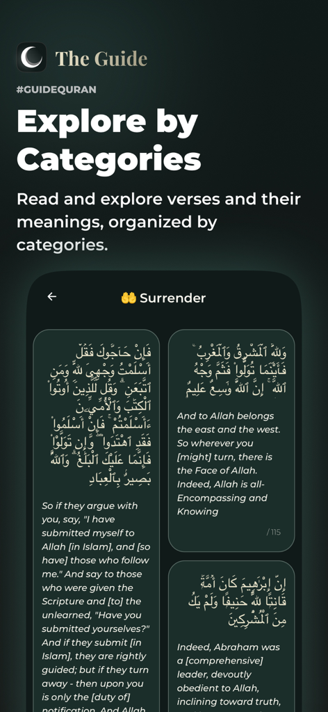 The Guide: Quran Companion - Interface do The Guide Quran Companion app mostrando versículos islâmicos e traduções organizadas por categorias como Rendição.