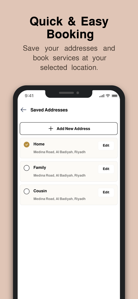 A mobile interface for the Ozee beauty app showing saved addresses for quick booking of home spa services