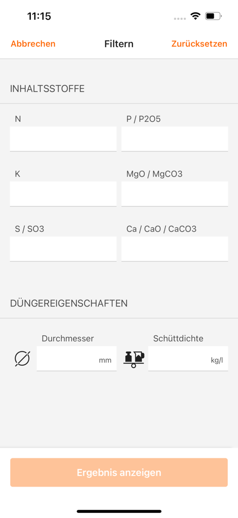 mySpreader - Filter interface for fertilizer ingredients and physical properties in the mySpreader app