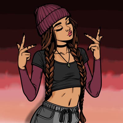 realistic teenage girl with braids and a beanie and crop top doing 🫶🏼