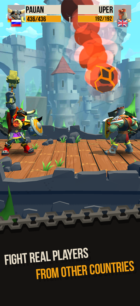 A medieval knight battle in Duels PVP showing a flaming meteor skill and global competition