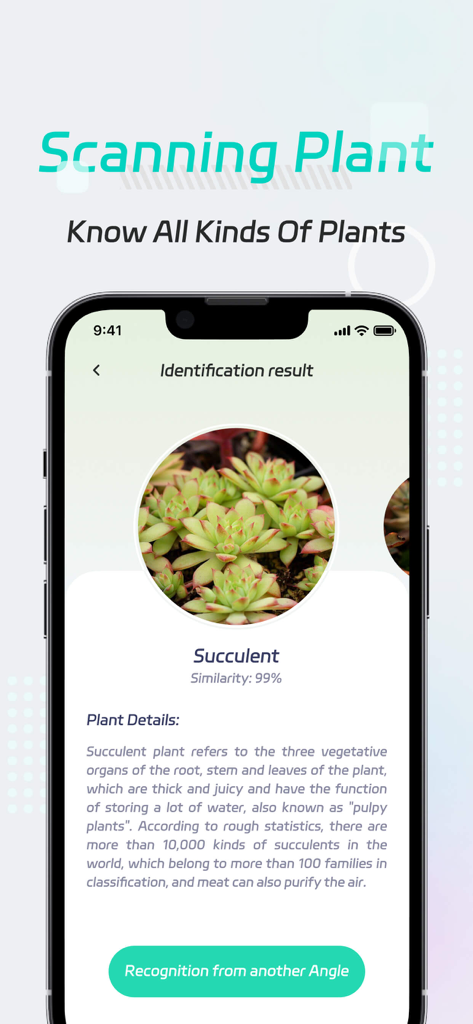SmartScanner app interface showing AI plant identification of a succulent