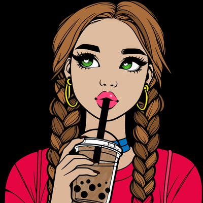 realistic girl with braided hair drinking boba