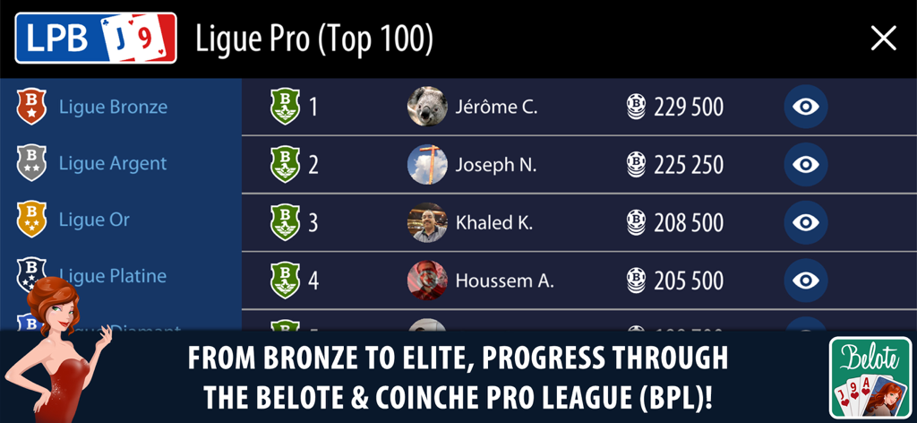 Belote & Coinche Multiplayer - Leaderboard of the Belote and Coinche Pro League showing top players and league rankings from Bronze to Elite.