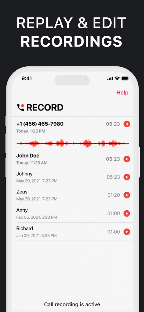 Phone Call Recorder Record ACR - Interfaz de una aplicación de grabación de llamadas telefónicas que muestra una lista de conversaciones grabadas con formas de onda de audio.