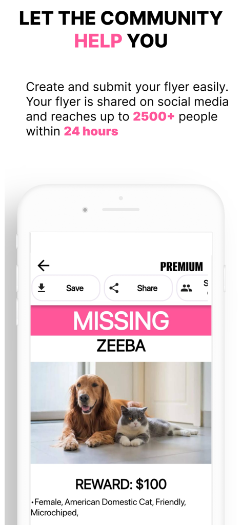 Paw Guide: Lost & Found Pets - A mobile app interface for creating and sharing missing pet flyers with community reach information