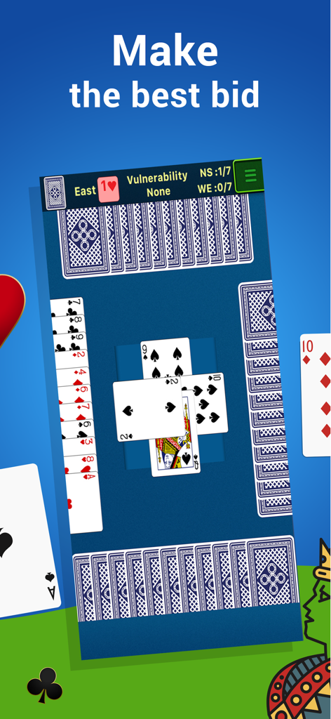Bridge Card Game Classic - 青い仮想テーブルでカードビディングセッションが表示されているブリッジカードゲームクラシックのインターフェース。