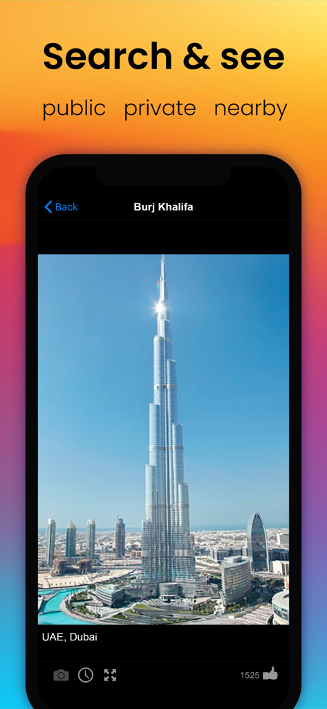 Live Camera – online web cams - Una captura de pantalla de la aplicación móvil que muestra una transmisión de cámara en vivo del Burj Khalifa en Dubái con el texto Buscar y ver