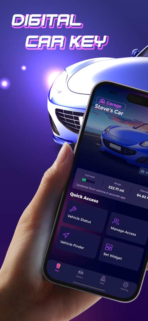 CarKey Digital Car Key Connect - Una mano sosteniendo un iPhone que muestra la interfaz del panel de control de la llave digital del coche CarKey