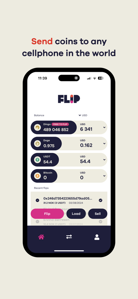 The Flip App - Interfaz móvil de The Flip App que muestra saldos de criptomonedas y opciones para enviar monedas a un teléfono móvil