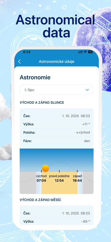 In-počasí - In-pocasi App astronomische Datenanzeige mit Sonnenauf- und -untergangszeiten.