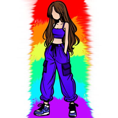girl in baggy pants crop top and long hair