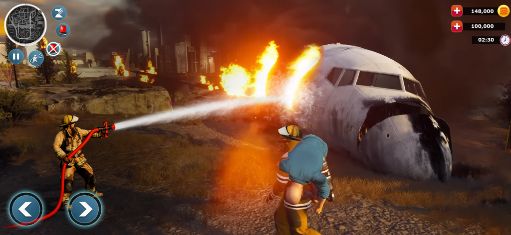 Firefighters using a water hose on a burning airplane while rescuing a person in a 3D simulation game