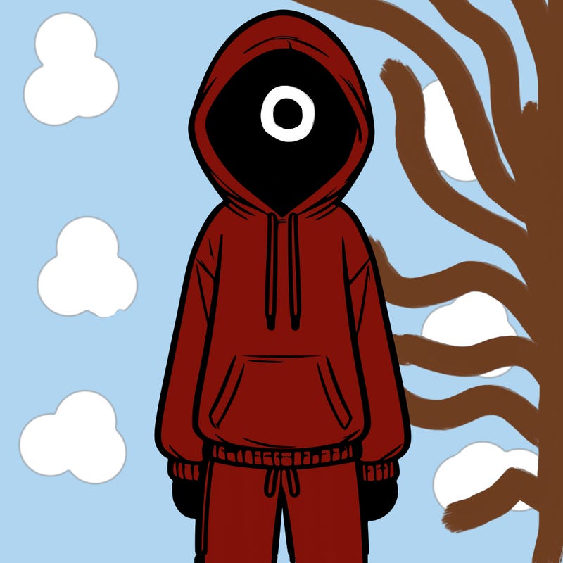 faceless girl in a tracksuit with a hood on and no hair