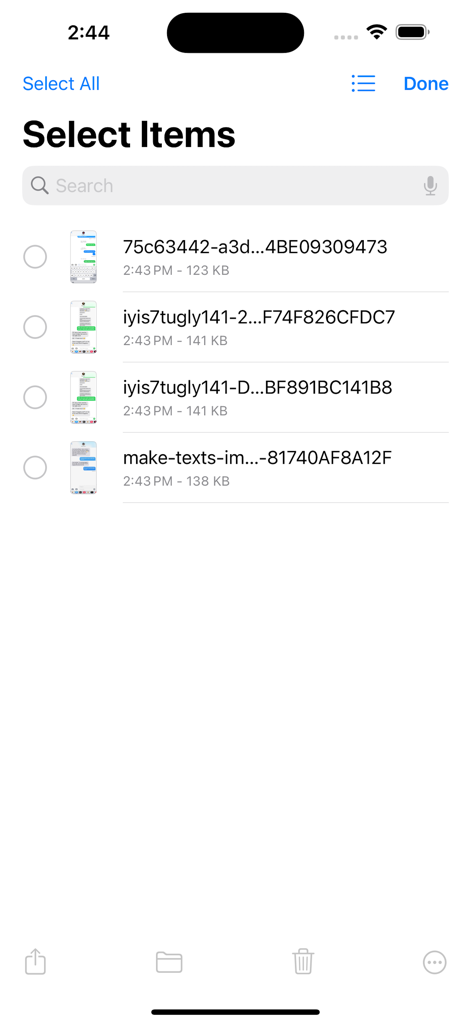 Interface of the SMS Backup and Restore app showing a list of saved message screenshots for selection and management.
