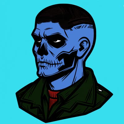 man with skull face and buzz cut