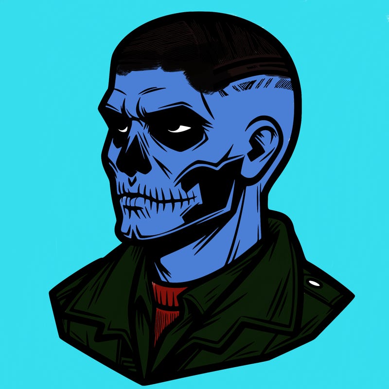 man with skull face and buzz cut