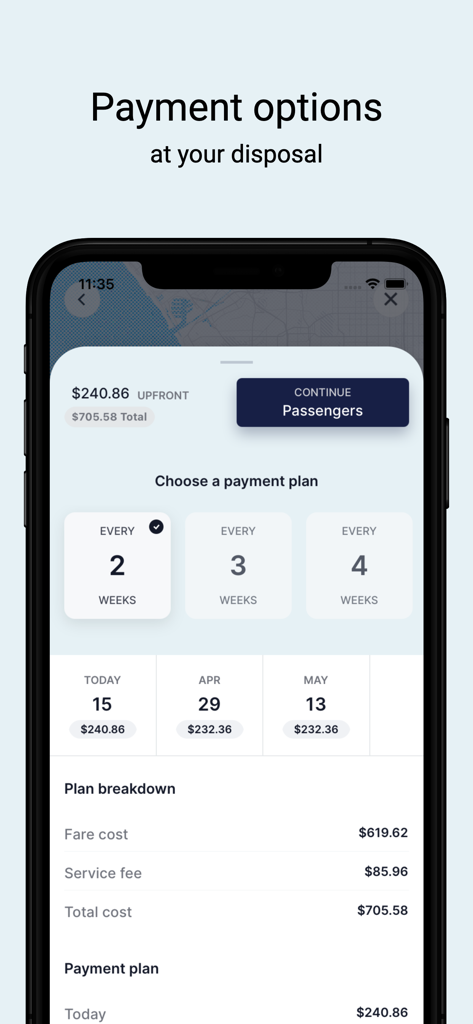 Airfordable app interface showing flexible payment plan options for flight booking