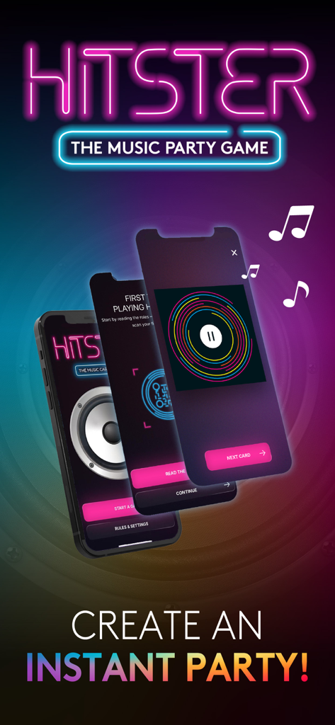 HITSTER - Interfaz de la aplicación del juego de fiesta musical HITSTER mostrando smartphones con luces de neón y funciones de reproducción de música