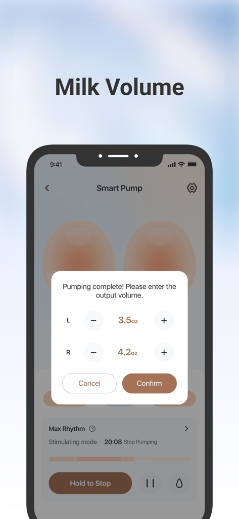 eufy Baby - スマート搾乳器セッションからのミルク量を記録するeufy Babyアプリのインターフェイス。