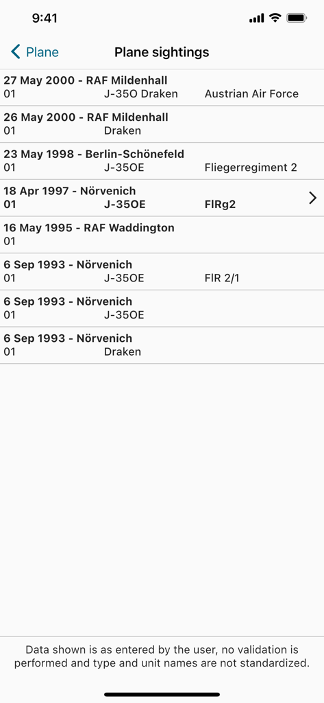 Plane DB - Lista de avistamientos personales de aeronaves con detalles de fecha, ubicación y tipo de aeronave en la aplicación Plane DB.