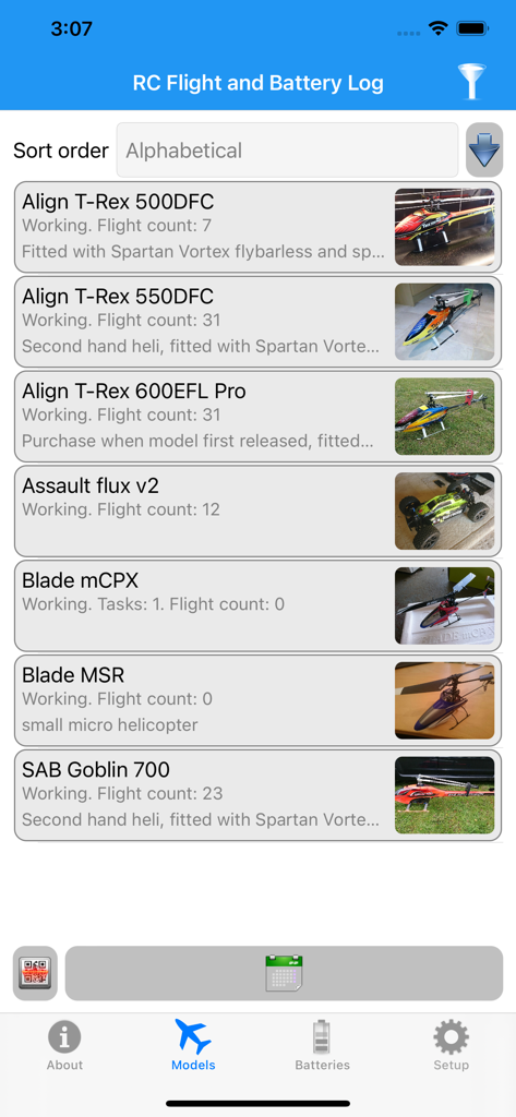 RC Flight and Battery Log - A list of radio controlled helicopters and vehicles with their flight statistics.