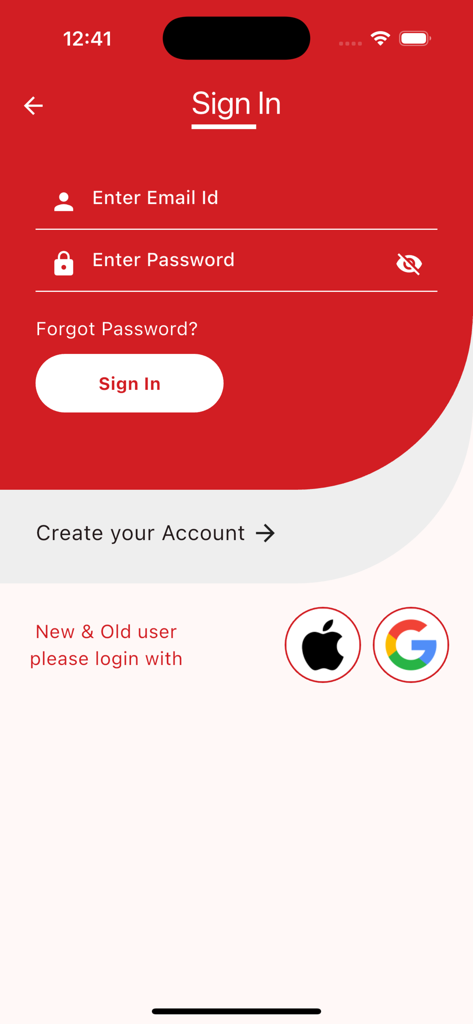 Página de login do aplicativo móvel Taqueria El Sabrosito mostrando campos de login e botões de login social