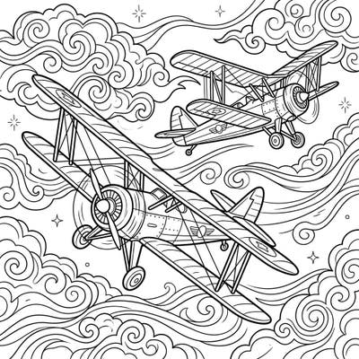 Get ready for an epic journey through the skies with this captivating biplanes coloring page, perfect for teens. Unleash your creativity by adding vibrant colors to these intricate vintage aircraft and their swirling cloud background.
