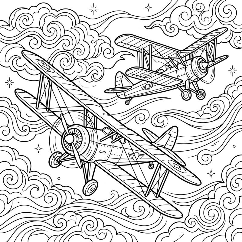 Get ready for an epic journey through the skies with this captivating biplanes coloring page, perfect for teens. Unleash your creativity by adding vibrant colors to these intricate vintage aircraft and their swirling cloud background.