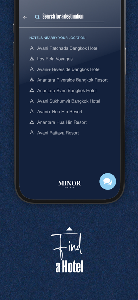 Minor Hotels - マイナーホテルズモバイルアプリの検索インターフェースに、目的地検索バーとバンコクの近くのホテルのリストが表示されている