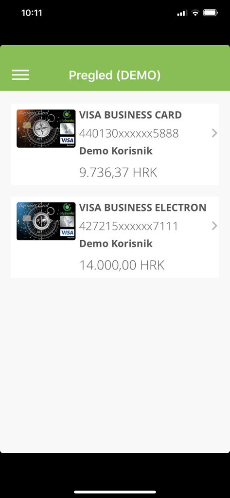 OTP m-business HR - OTP m-business HR app visa business card overview screen