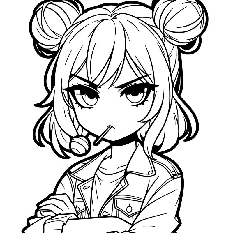 an anime girl with pigtails buns that are loose and free, she is wearing a jean jacket with her arms crossed. she has a lollipop in her mouth with her eyes narrowed. she looks very cool and daring