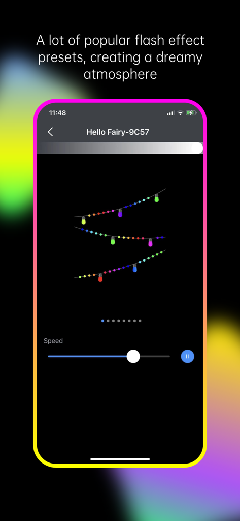 Hello Fairy app interface showing customizable string light flash effects and speed control.