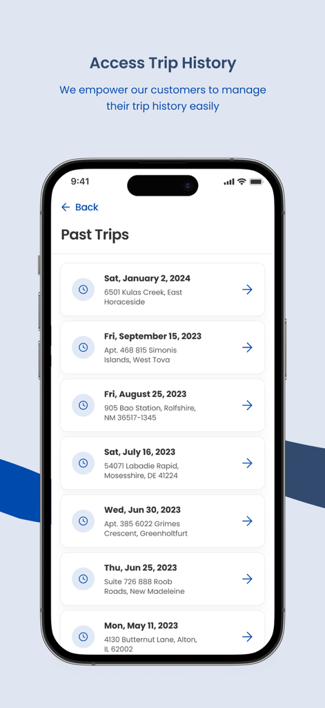 Ohare Airport Taxi - Ohare Airport Taxi app screen showing a list of past trips with dates and destination addresses