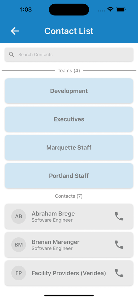 Business Continuity Plan - Business Continuity Plan app contact list screen showing organizational teams and individual employee contact details with phone call icons.