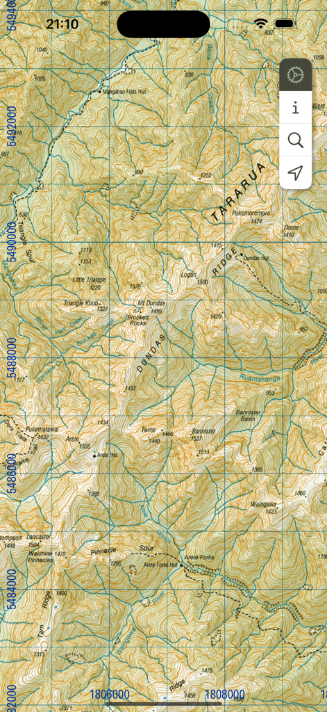 MapApp NZ North Island - Detailed topographic map of the Tararua Range in New Zealand showing contour lines ridges and hiking huts