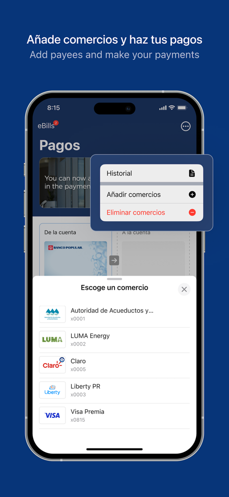Mi Banco Mobile app screen showing bill payment options for Puerto Rican utility companies