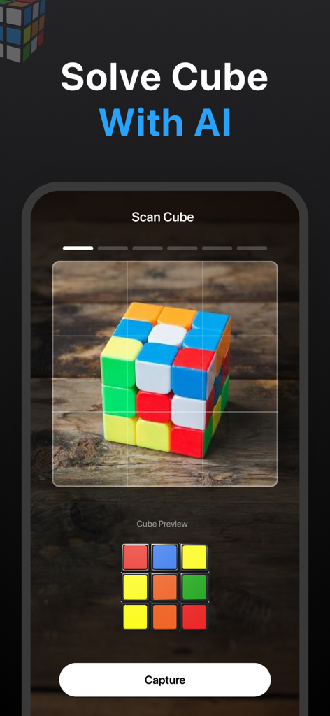 Rubiks Cube Solver AI - SolveQ - SolveQ app scanning a physical Rubik's cube using AI technology