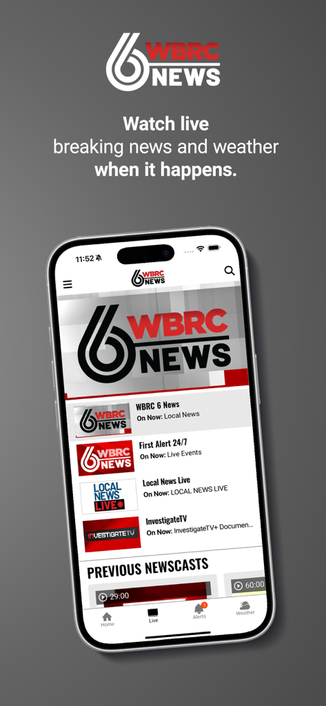 WBRC 6 News - Smartphone displaying the WBRC 6 News app interface with live local news and weather alert options