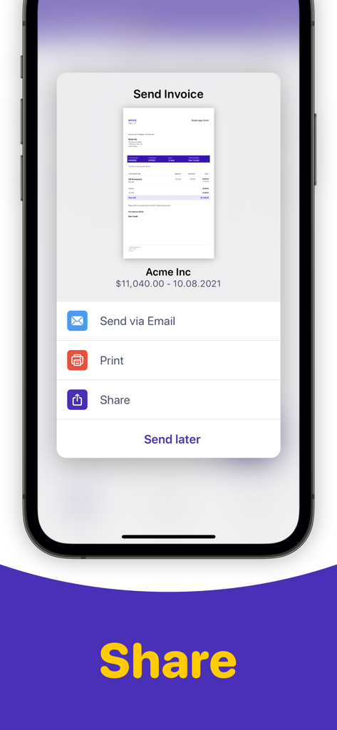 Invoice Maker +ㅤ - Mobile app interface showing options to send an invoice via email, print, or share.