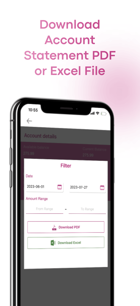Bank of Palestine - Pantalla de la aplicación móvil de Bank of Palestine que muestra opciones para descargar estados de cuenta como archivos PDF o Excel con filtros de fecha y monto