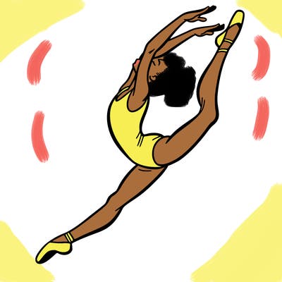 gymnast doing a leap in a leotard with a bent back leg